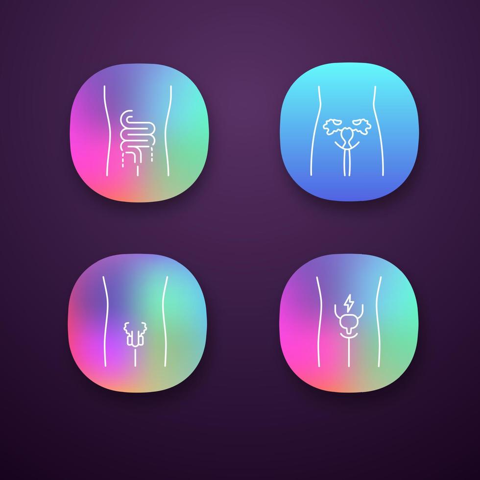 Ill human organs app icons set. Sore intestines and urinary bladder. Unhealthy men reproductive systems. Infertility. UI UX user interface. Web or mobile applications. Vector isolated illustrations
