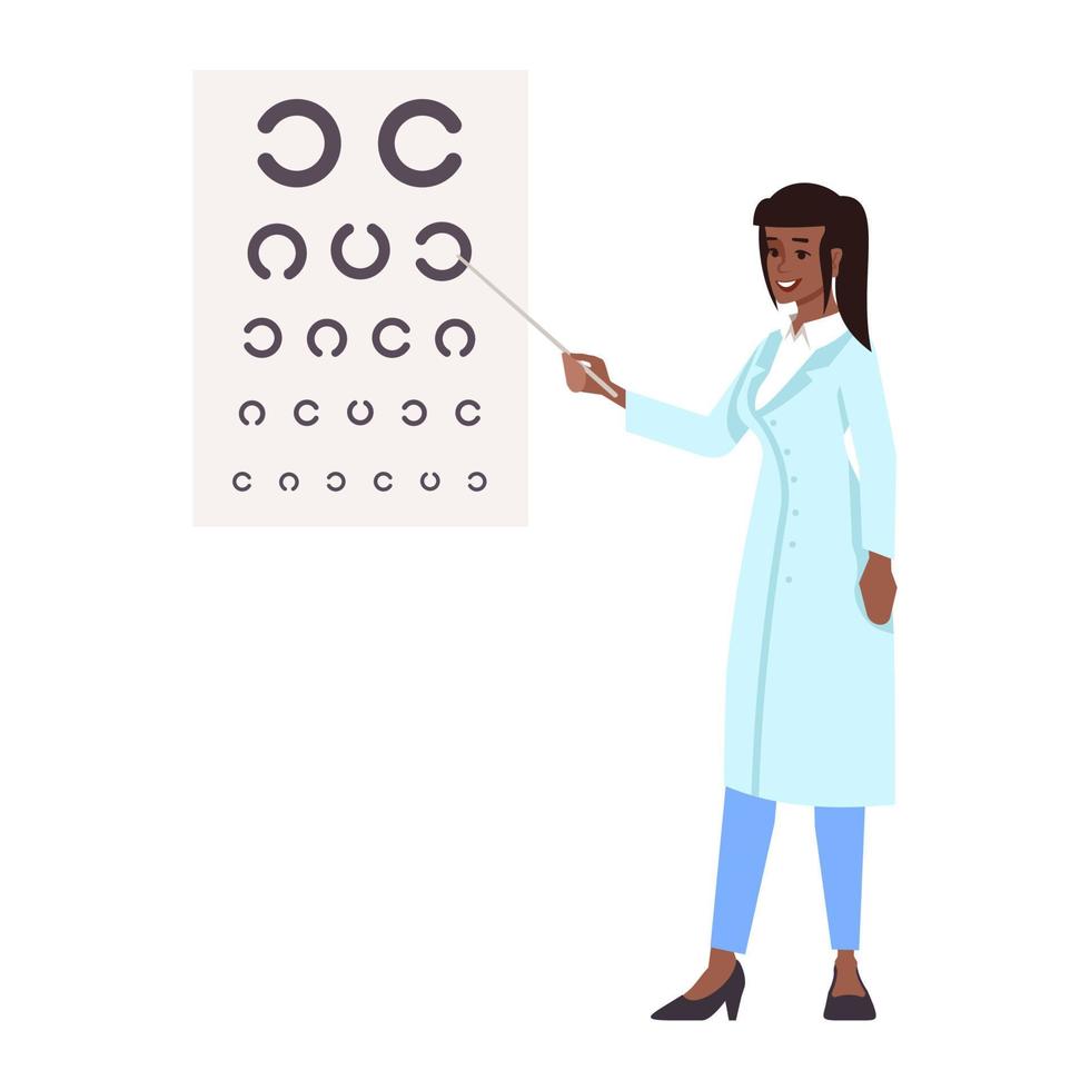 Ophthalmologist flat vector illustration. Professional doctor isolated cartoon character on white background. Oculist doing vision,eye sight test. Medical check, exam. Eyes health, care, treatment