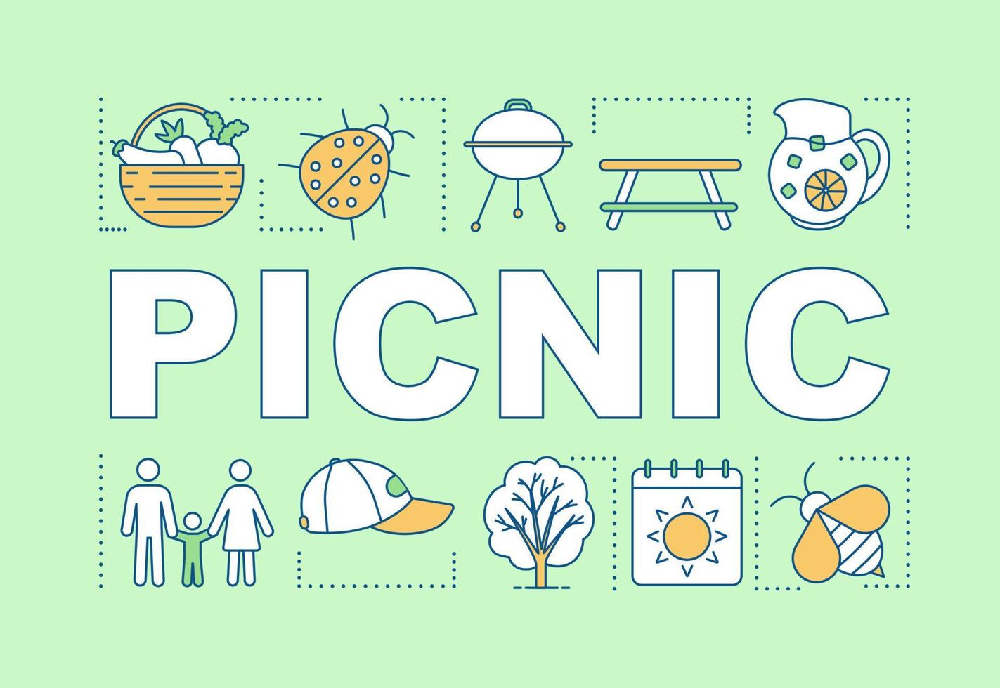 Picnic word concepts banner. Family activities with kids. Barbecue. Meal outdoors. Lunch in nature. Presentation, website. Isolated lettering typography idea, linear icons. Vector outline illustration