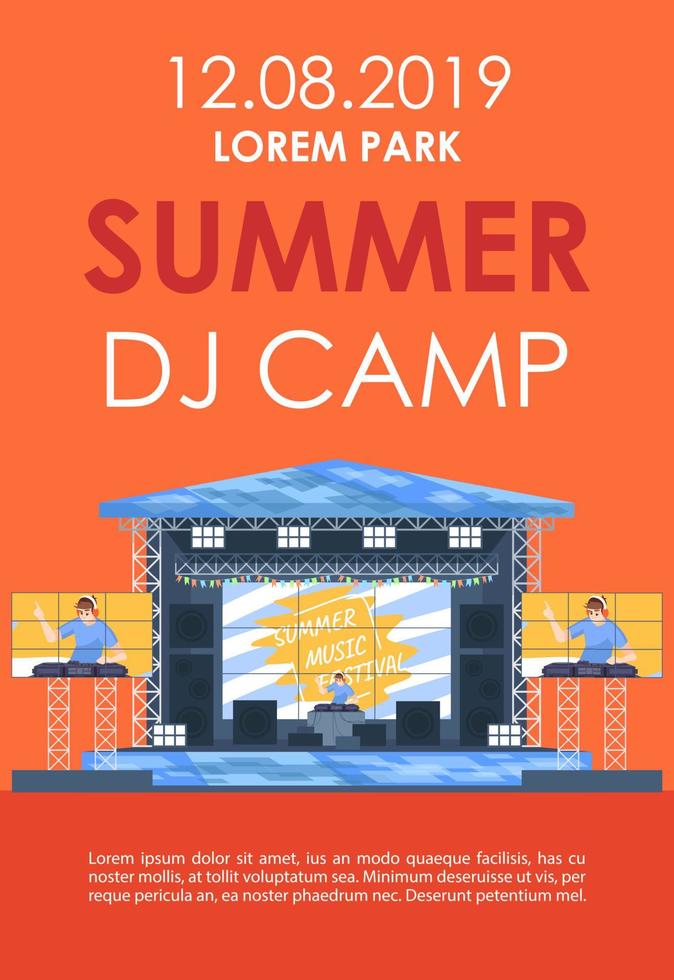 Summer DJ camp brochure template. Open air live performance flyer, booklet, leaflet concept with flat illustrations. Vector page layout for magazine. advertising invitation with text space