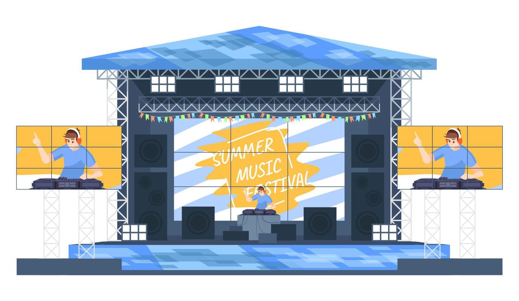 Summer DJ music festival flat vector illustration. Electronic musicfest. Turntablist creating new mix. Open air live performance. Deejay on stage isolated cartoon character on white background