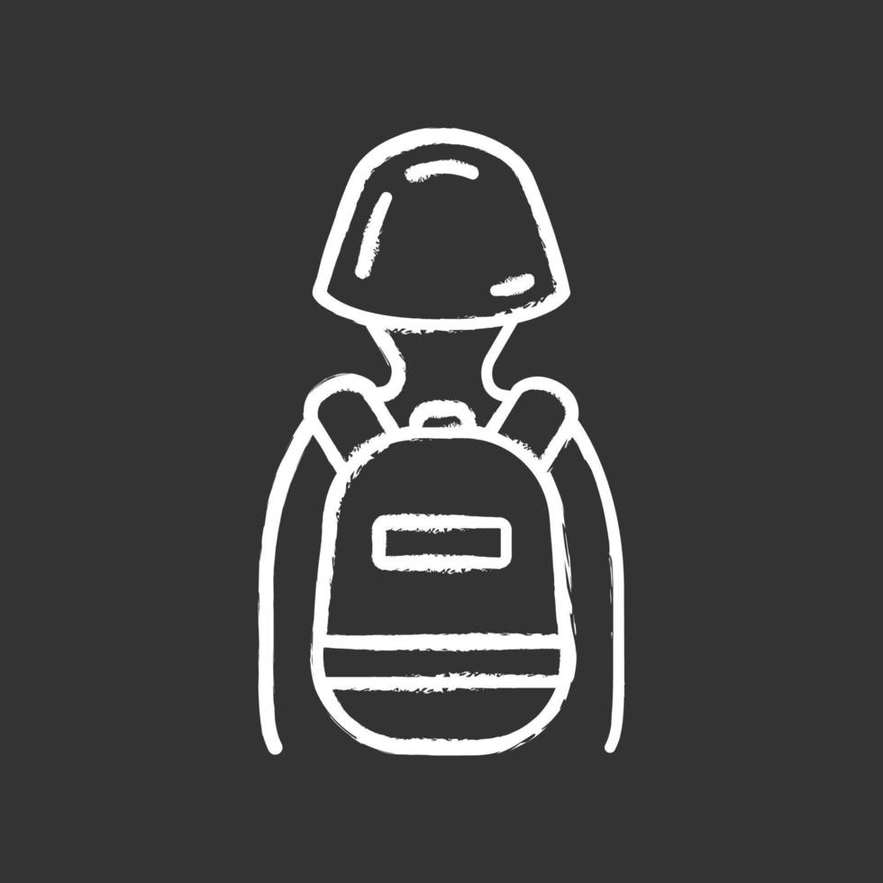 Game soldier with tactical backpack chalk icon. Virtual video game equipment. Player with game inventory. Warrior, soldier in helmet and rucksack. Cybersport. Isolated chalkboard illustration vector