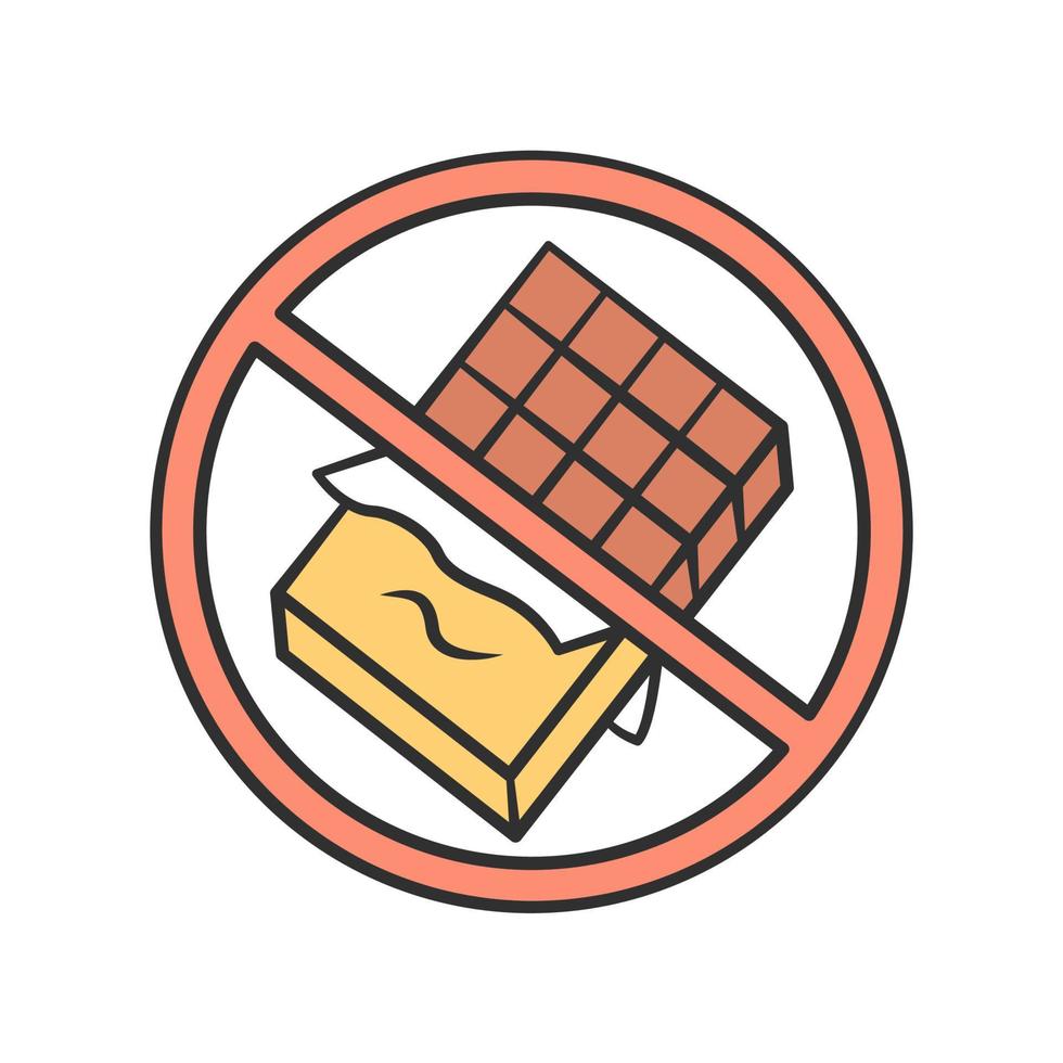 Chocolate free product color icon. No sugar, sweetener and glucose sign. Zero calories, diabetic diet, healthy eating. Sweets, junk food refuse. No chocolate bar isolated vector illustration