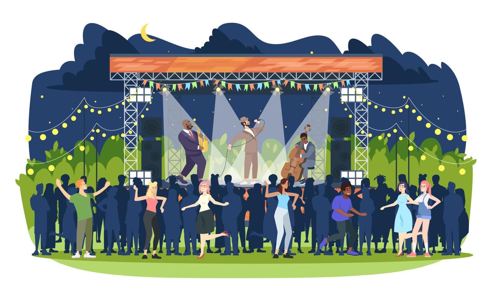 Jazz music festival flat vector illustration. Night retro concert in park. Open air live performance. People having fun at jam session. Rock-n-roll party. Musicians and spectators cartoon characters