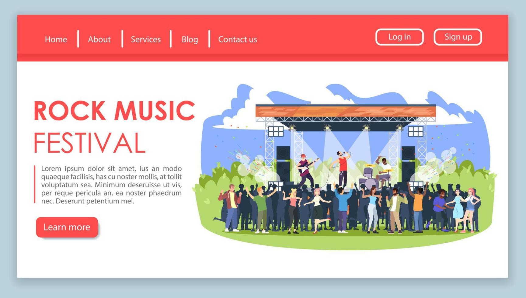 Rock music festival landing page vector template. Open air concert website interface idea with flat illustrations. Outdoor rockfest homepage layout. Sound party web banner, webpage cartoon concept