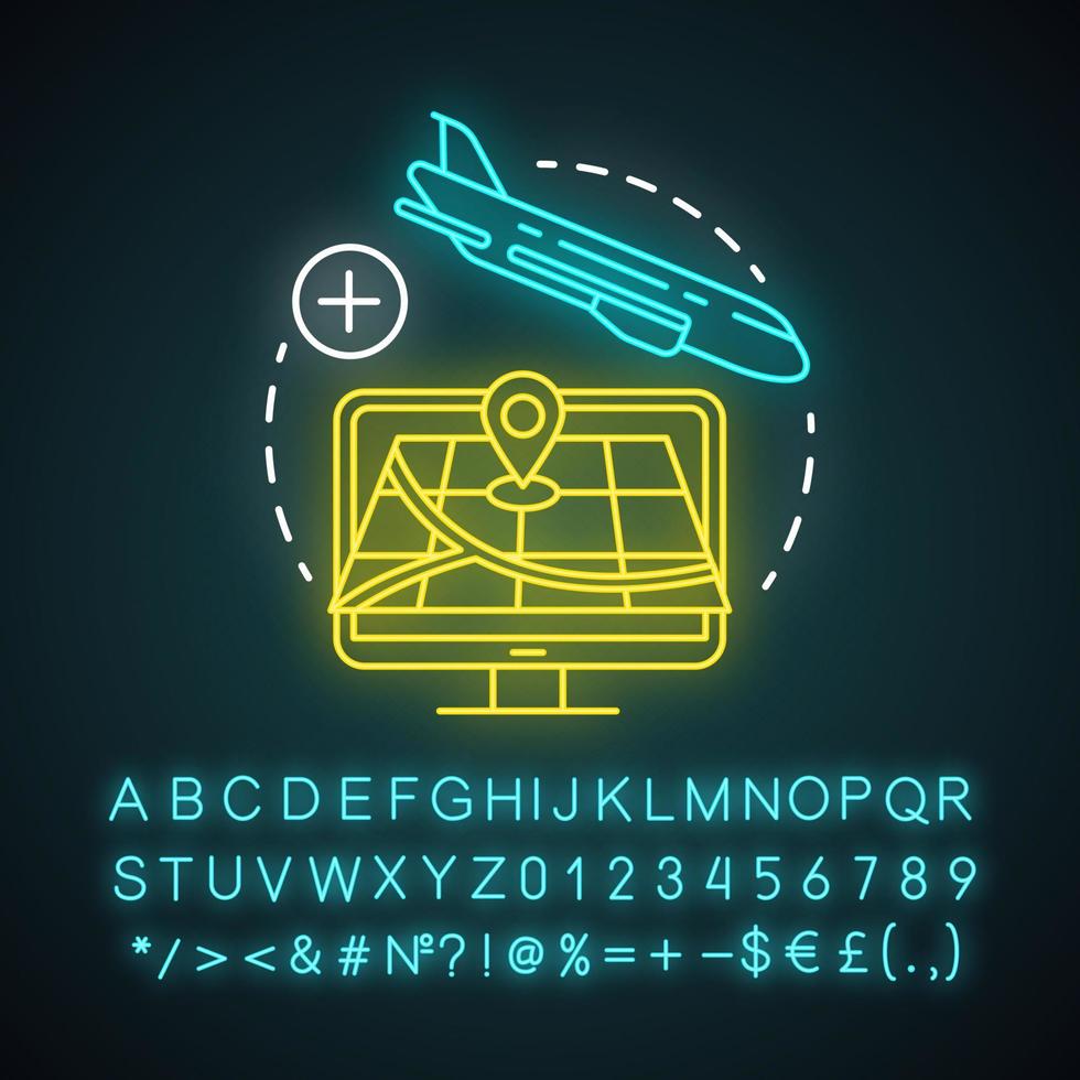 Arrival city neon light icon. Flight destination. Landing airplane. Travel, journey. Plane flying down. Departure point. Glowing sign with alphabet, numbers and symbols. Vector isolated illustration