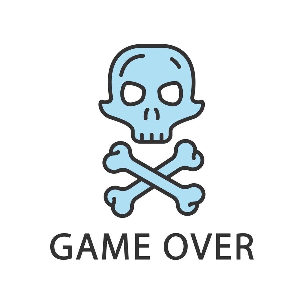 Game over color icon. Virtual video game level end, finish, failure. Skull with crossbones. Esports, cybersports sign. Computer game fail, loser. Cybersport. Isolated vector illustration