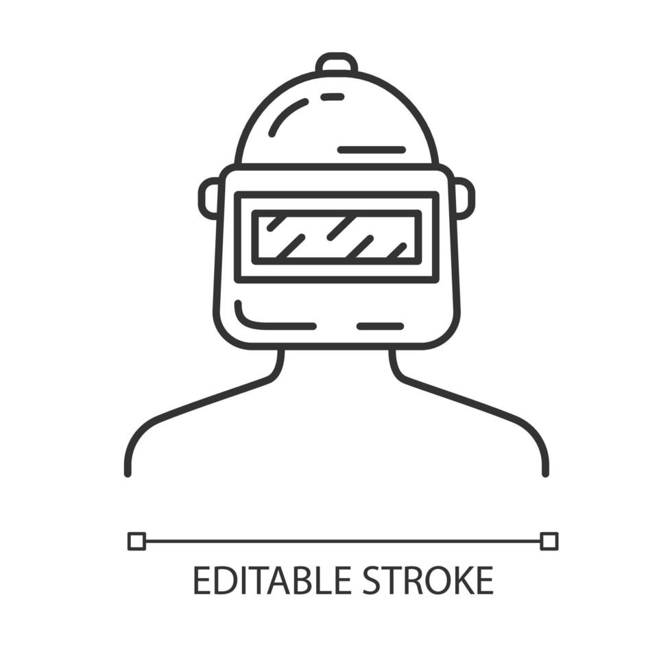 Game soldier linear icon. Player, soldier protective gear. Safety military equipment. Welder headgear. Welding helmet. Thin line illustration. Contour vector isolated outline drawing. Editable stroke