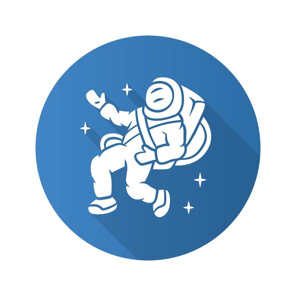 astronauta diseño plano larga sombra glifo icono. astronauta. explorador espacial. cosmonauta en el espacio ultraterrestre. hombre en traje espacial. misión cósmica. viajes, aventuras, exploración. ilustración de silueta de vector