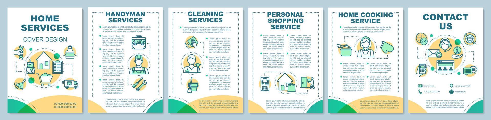 Home services brochure template layout. Cleaning, cooking service. Flyer, booklet, leaflet print design with linear illustrations. Vector page layouts for magazine, annual reports, advertising posters