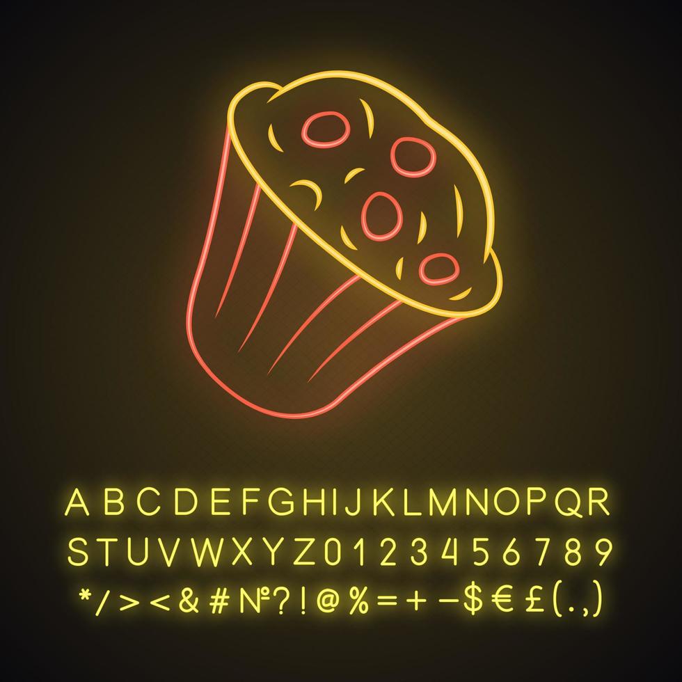 Muffin neon light icon. Cupcake with chocolate chips, berries, topping. Sweet shop, confectionery, pastry, bakery menu. Glowing sign with alphabet, numbers and symbols. Vector isolated illustration