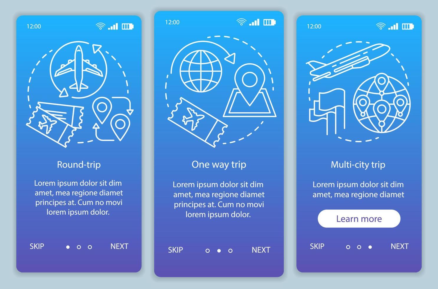 Aircraft flight ticket blue onboarding mobile app page screen vector template. Multi-city trip, travel. Walkthrough website steps with linear illustrations. UX, UI, GUI smartphone interface concept