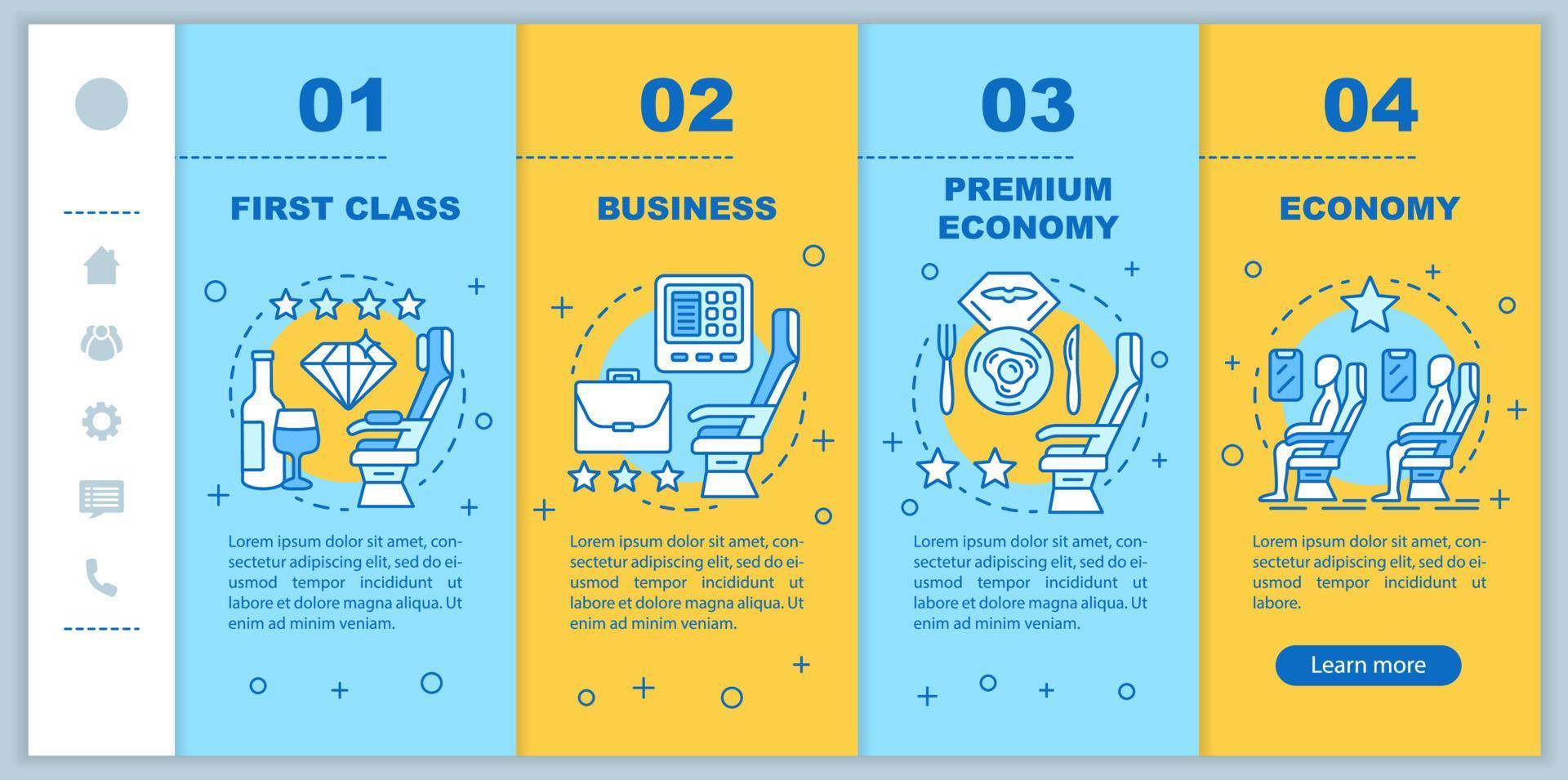 Aircraft travel class seating onboarding mobile web pages vector template. Responsive smartphone website interface idea with linear illustrations. Webpage walkthrough step screens. Color concept