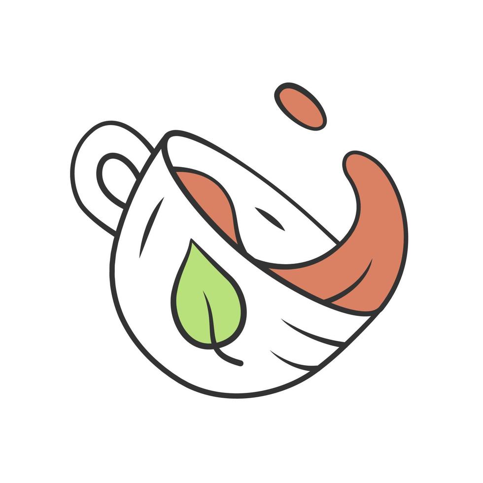 Tea cup color icon. Hot steaming mug with splash. Tea shop, kitchenware and dishware. Leaf emblem on cup. Aromatic beverage. Refreshment drink. Isolated vector illustration