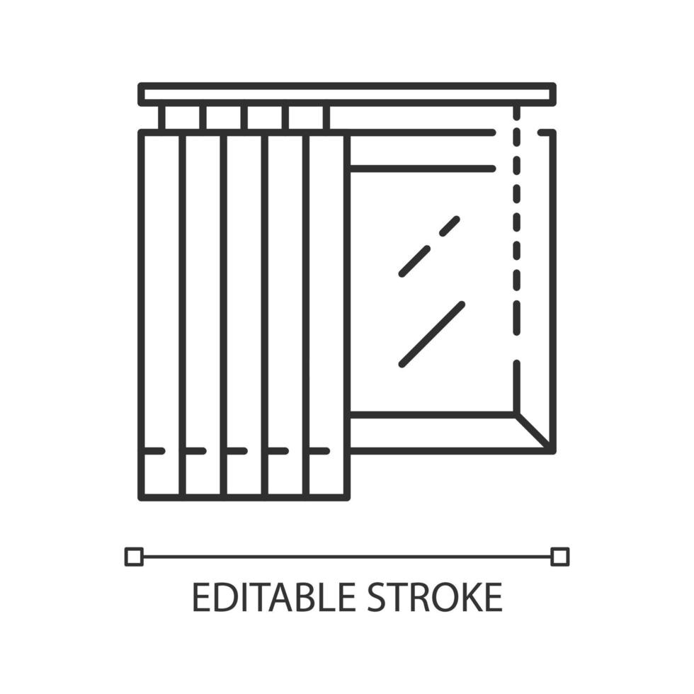 icono lineal de persianas verticales. Revestimiento de ventanas para oficinas y casas. diseño de interiores del hogar. tratamientos de ventana. Ilustración de línea fina. símbolo de contorno. dibujo de contorno aislado vectorial. trazo editable vector