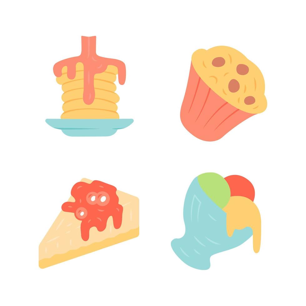 Desserts flat design long shadow color icons set. Pancakes, muffin, cheesecake, ice cream. Bakery shop, confectionery. Plombir, gelato. Sweet food, confections dishes. Vector silhouette illustrations