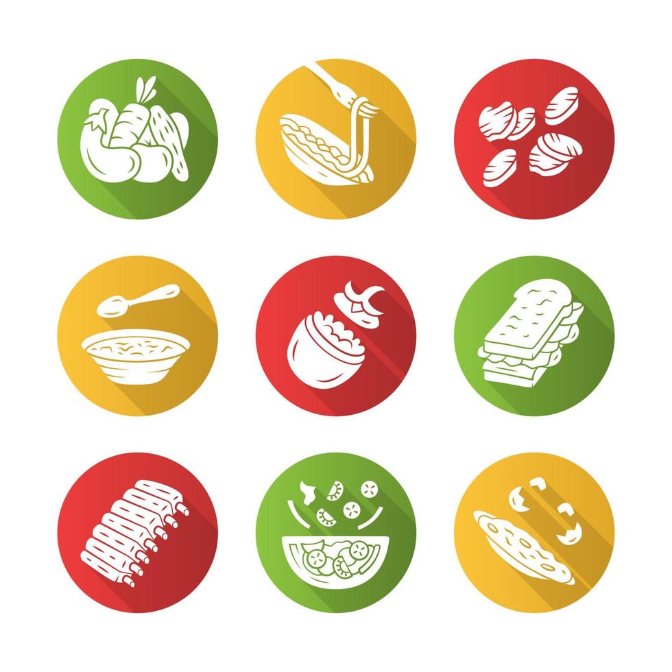 Conjunto de iconos de glifo de larga sombra de diseño plano de platos de menú de restaurante. ensaladas, sopas, platos principales. pasta, verduras a la plancha, tortilla, sándwich. comida nutritiva. ilustración de silueta de vector