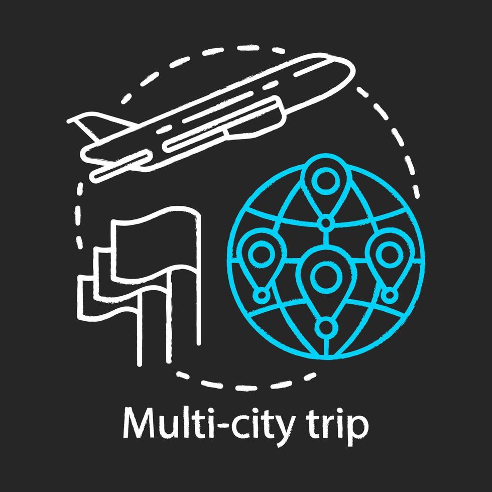 Multi-city trip chalk icon. Flights with multiple destinations. Vacation, tourism, tour. Airplane traveling. Airline ticket. City stopovers. Plane flying up. Isolated vector chalkboard illustration