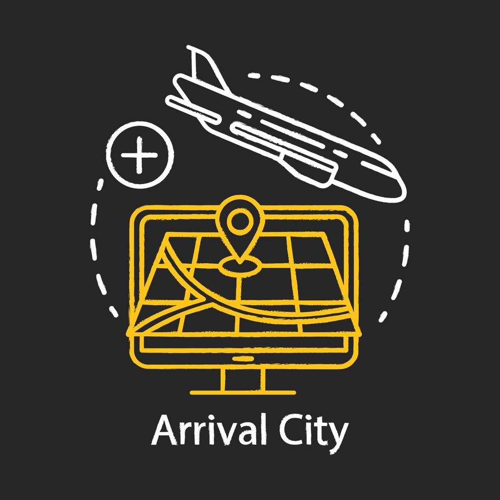 Arrival city chalk icon. Flight destination. Landing airplane. Travel and journey. Immigration. Departure point, route. Plane flying down. Isolated vector chalkboard illustration