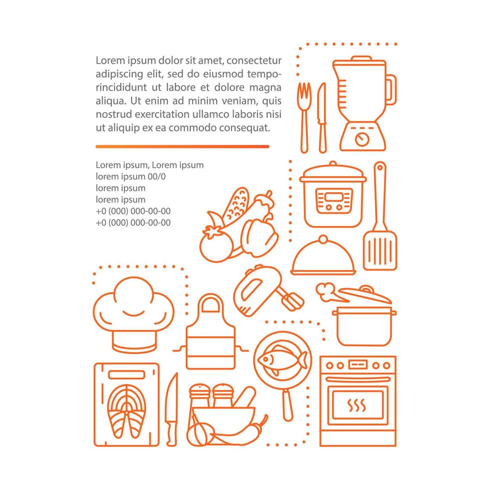 Plantilla de vector de página de artículo de servicio de cocina casera. comida, menaje de cocina. folleto, revista, elemento de diseño de folleto con iconos lineales y cuadros de texto. diseño de impresión. ilustraciones de concepto con espacio de texto