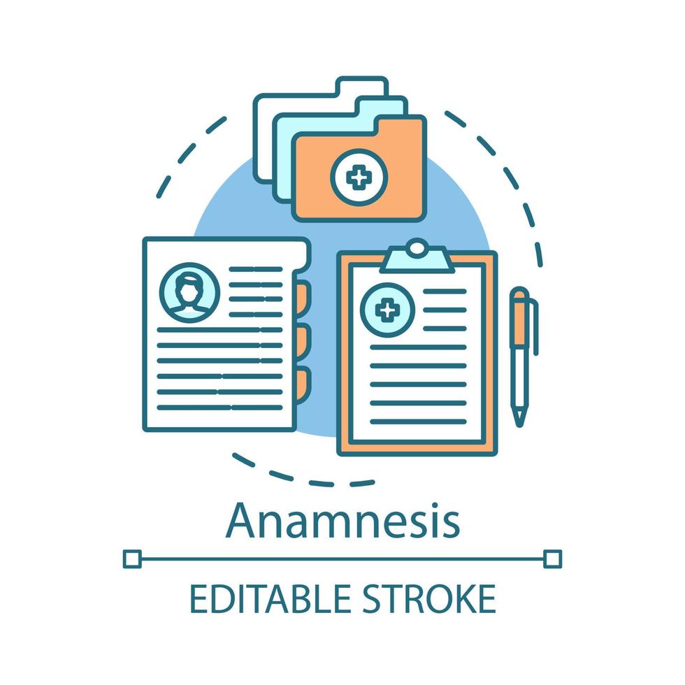 icono del concepto de anamnesis del paciente. Ilustración de línea fina de idea de servicio clínico. terapia. historial de casos, pruebas, recetas médicas. base de datos de salud. dibujo de contorno aislado vectorial. trazo editable vector