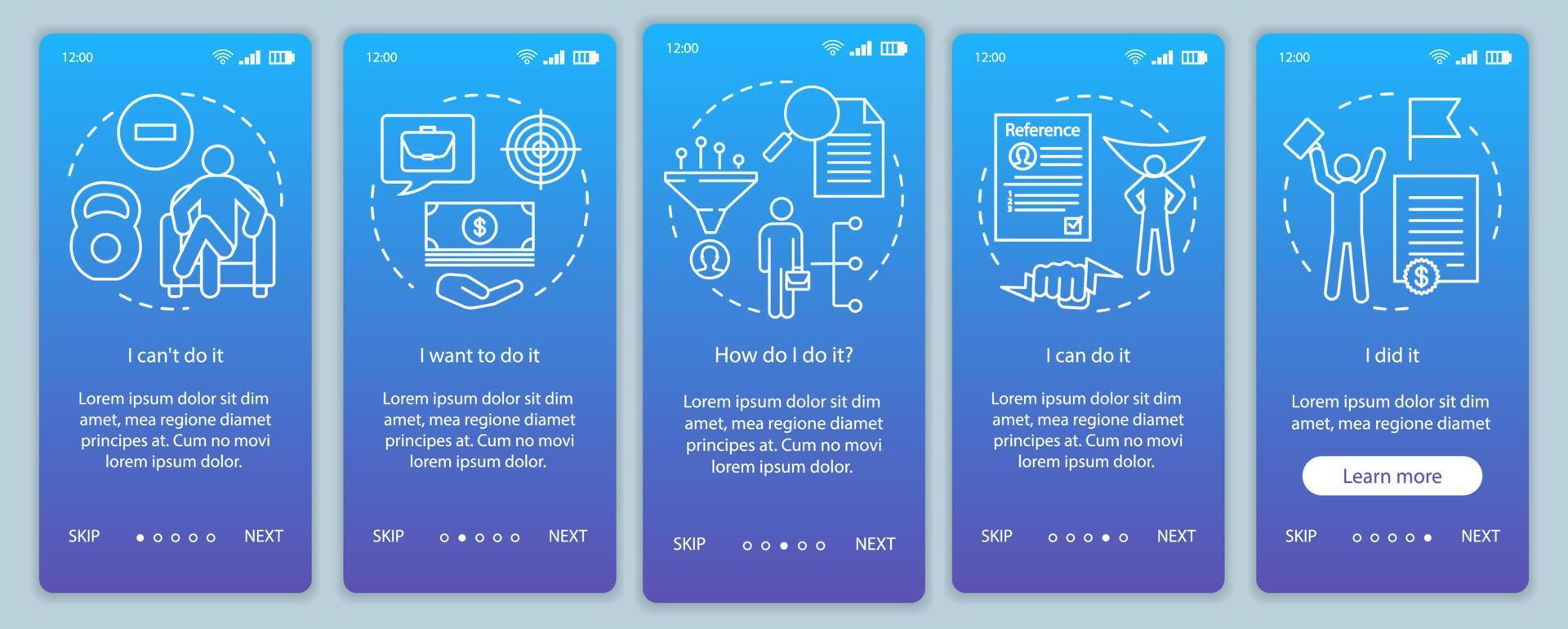 Motivation onboarding mobile app page screen with linear concepts. Goal achieving, problem solving. Getting job. Steps graphic instructions. UX, UI, GUI vector template with illustrations