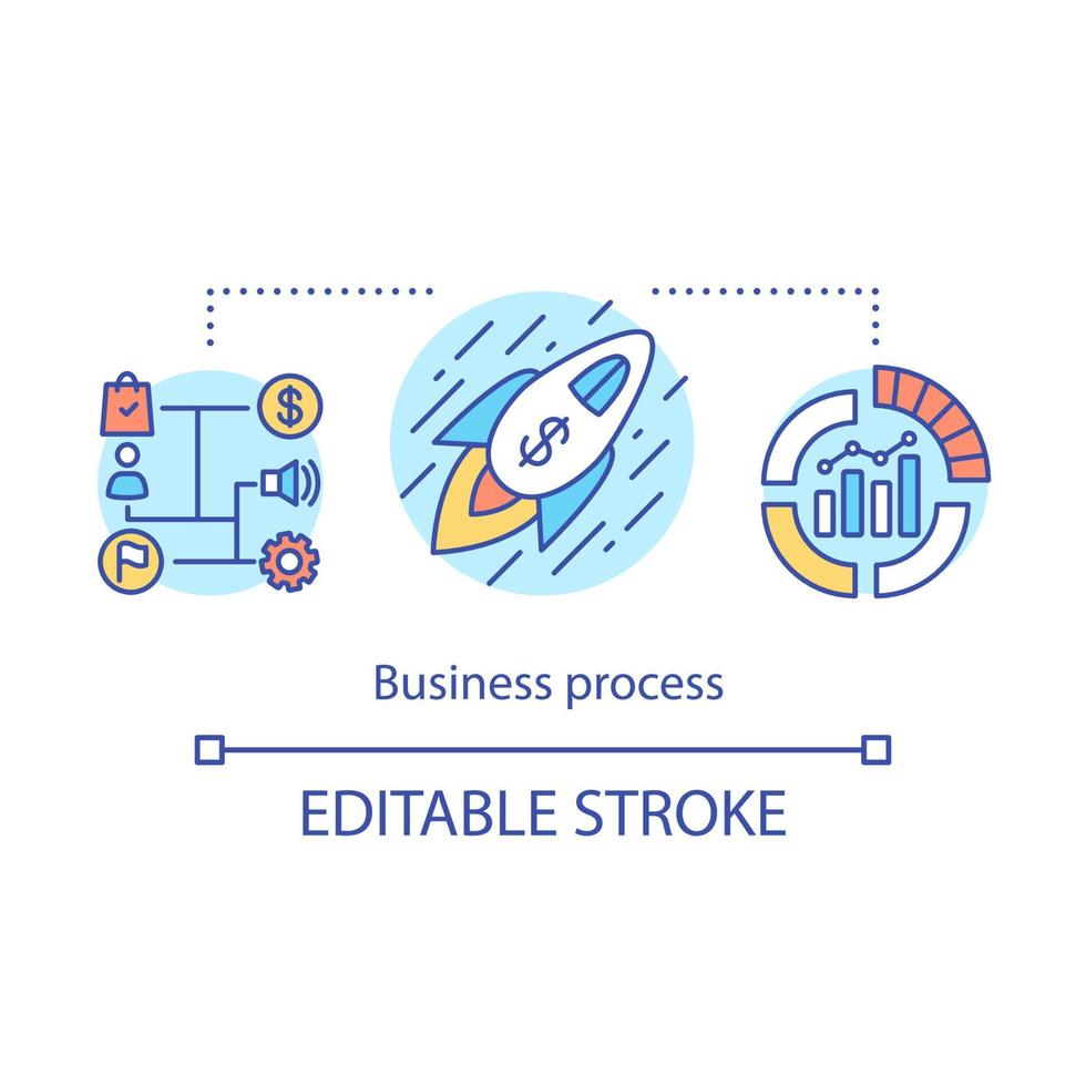 icono del concepto de proceso de negocio. Ilustración de línea fina de idea de modelo de desarrollo empresarial. lanzamiento de inicio. administración. estrategia de la empresa. indicadores económicos. dibujo aislado del vector. trazo editable vector