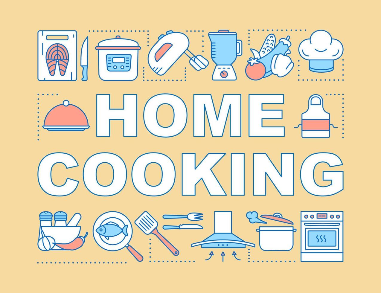 Home cooking word concepts banner. Personal chef. Cooking meal. Food preparing. Presentation, website. Isolated lettering typography idea with linear icons. Vector outline illustration