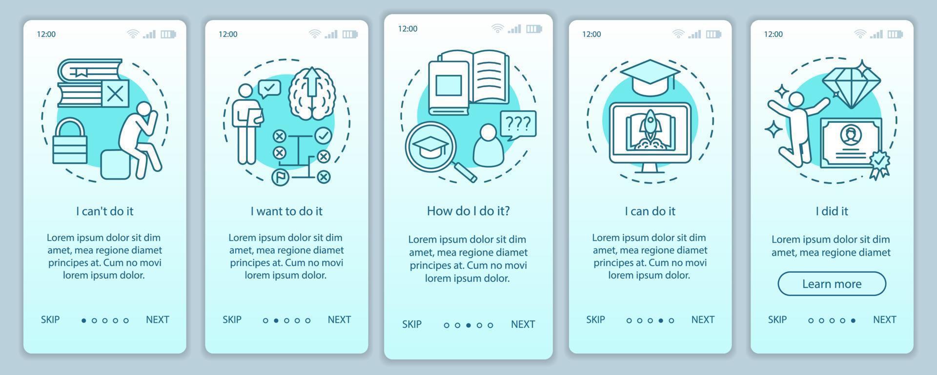 Education motivation onboarding mobile app page screen with linear concepts. Way to success. Careerist, yuppie, workaholic. Steps graphic instructions. UX, UI, GUI vector template with illustrations