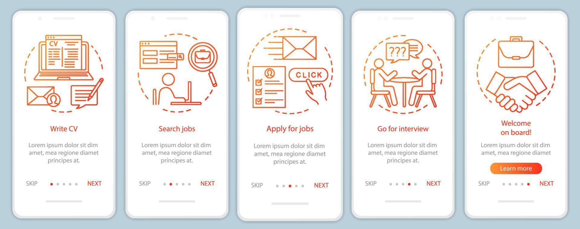 Job searching onboarding mobile app page screen with linear concepts. Write CV, apply job, interview, getting work graphic instructions. Steps graphic instructions. UX, UI, GUI vector template