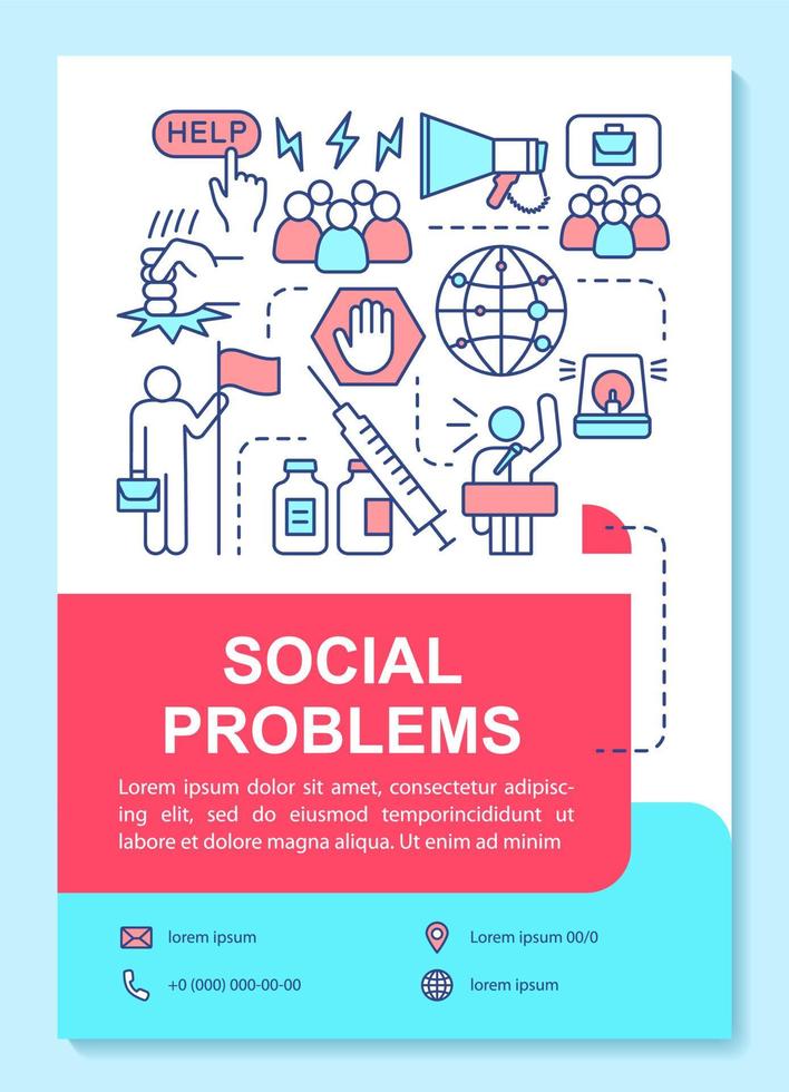 Social problems, issues poster template layout. Violence, abuse and antisocial behavior. Banner, booklet, leaflet print with linear icons. Vector brochure page layouts for magazines, advertising flyer