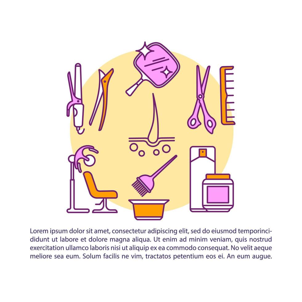 Hairdresser services article page vector template. Hair styling salon. Brochure, magazine, booklet design element with linear icons and text boxes. Print design. Concept illustrations with text space