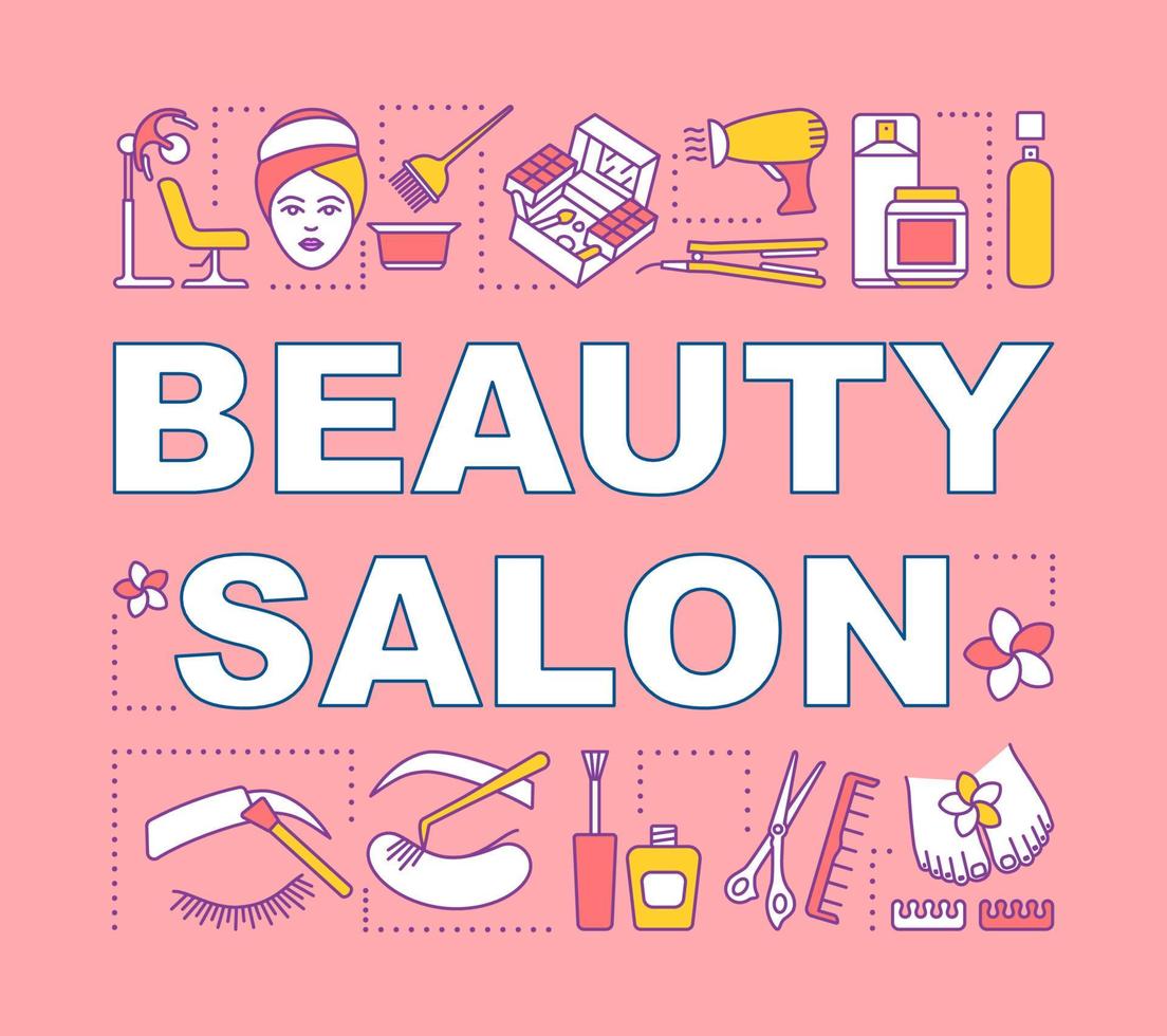 Beauty salon word concepts banner. Beauty service. Hairdressing and cosmetology. Spa therapy. Presentation, website. Isolated lettering typography idea, linear icons. Vector outline illustration