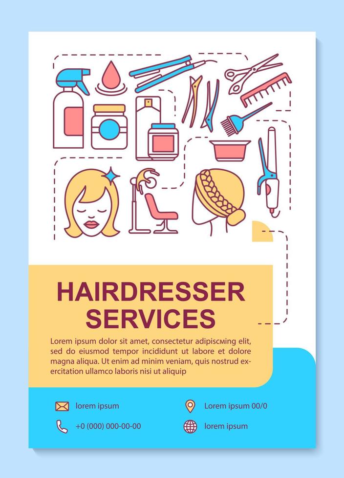 Hairdresser services poster template layout. Hairstylist tools and equipment. Banner, booklet, leaflet print design with linear icons. Vector brochure page layout for magazines, advertising flyers