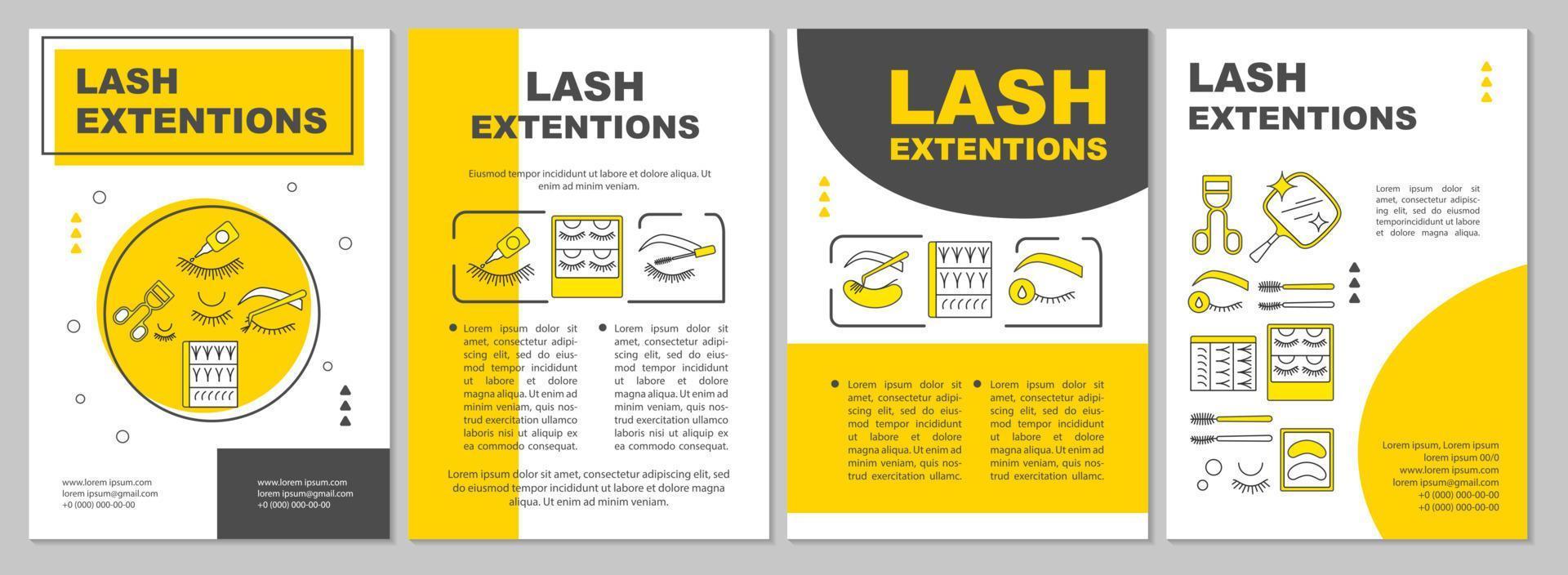 Lash extension brochure template layout. False eyelashes yellow flyer, booklet, leaflet print design with linear illustrations. Vector page layouts for magazines, annual reports, advertising posters