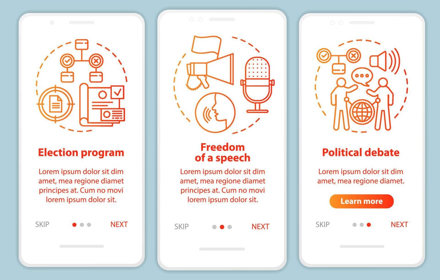 elecciones incorporación de plantilla de vector de pantalla de página de aplicación móvil. programa electoral, debate político. paso a paso del sitio web con ilustraciones lineales. concepto de interfaz de teléfono inteligente ux, ui, gui