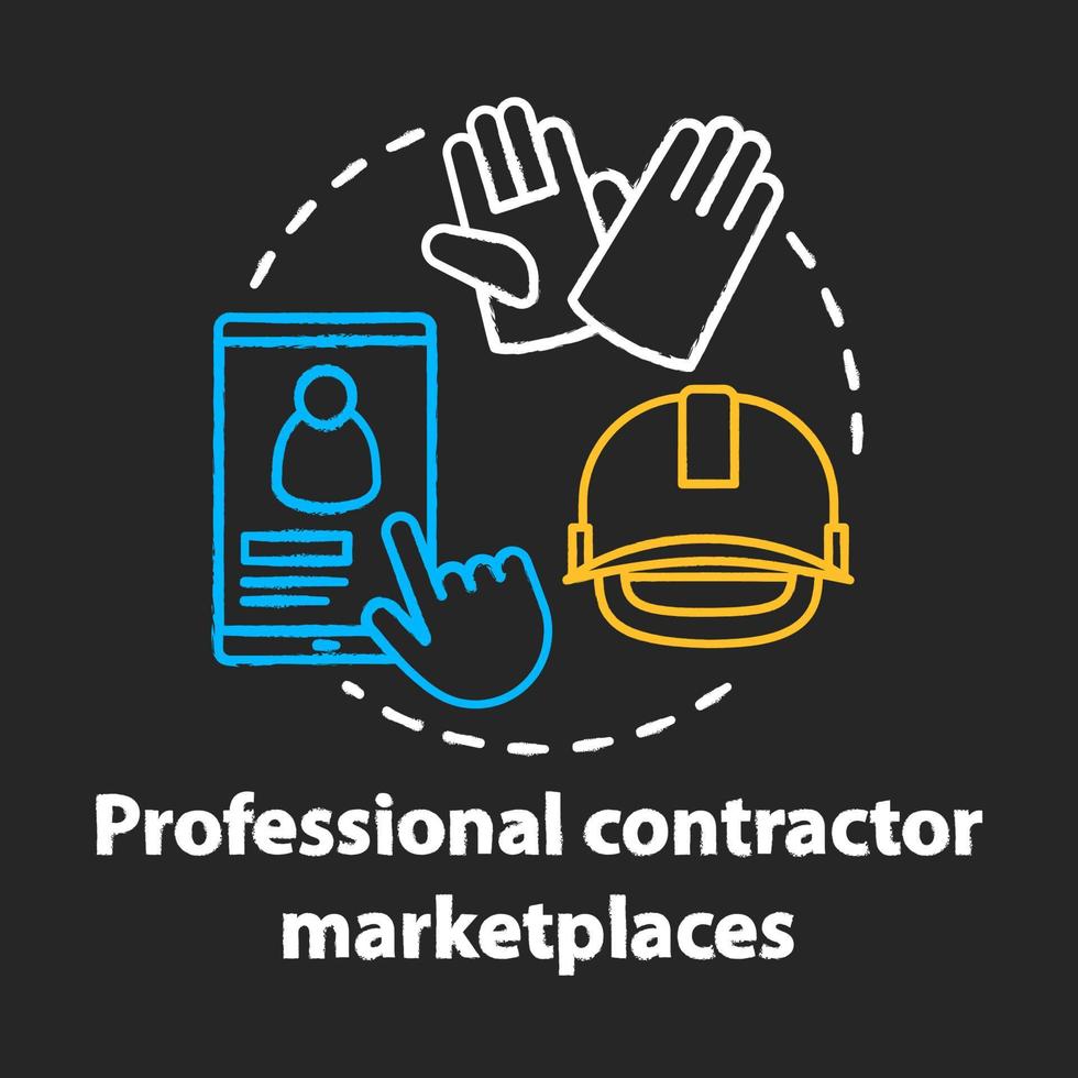 Professional contractor marketplaces chalk concept icon. Construction industry, repair service idea. Building business. Smartphone, hard hat and gloves vector isolated chalkboard illustration