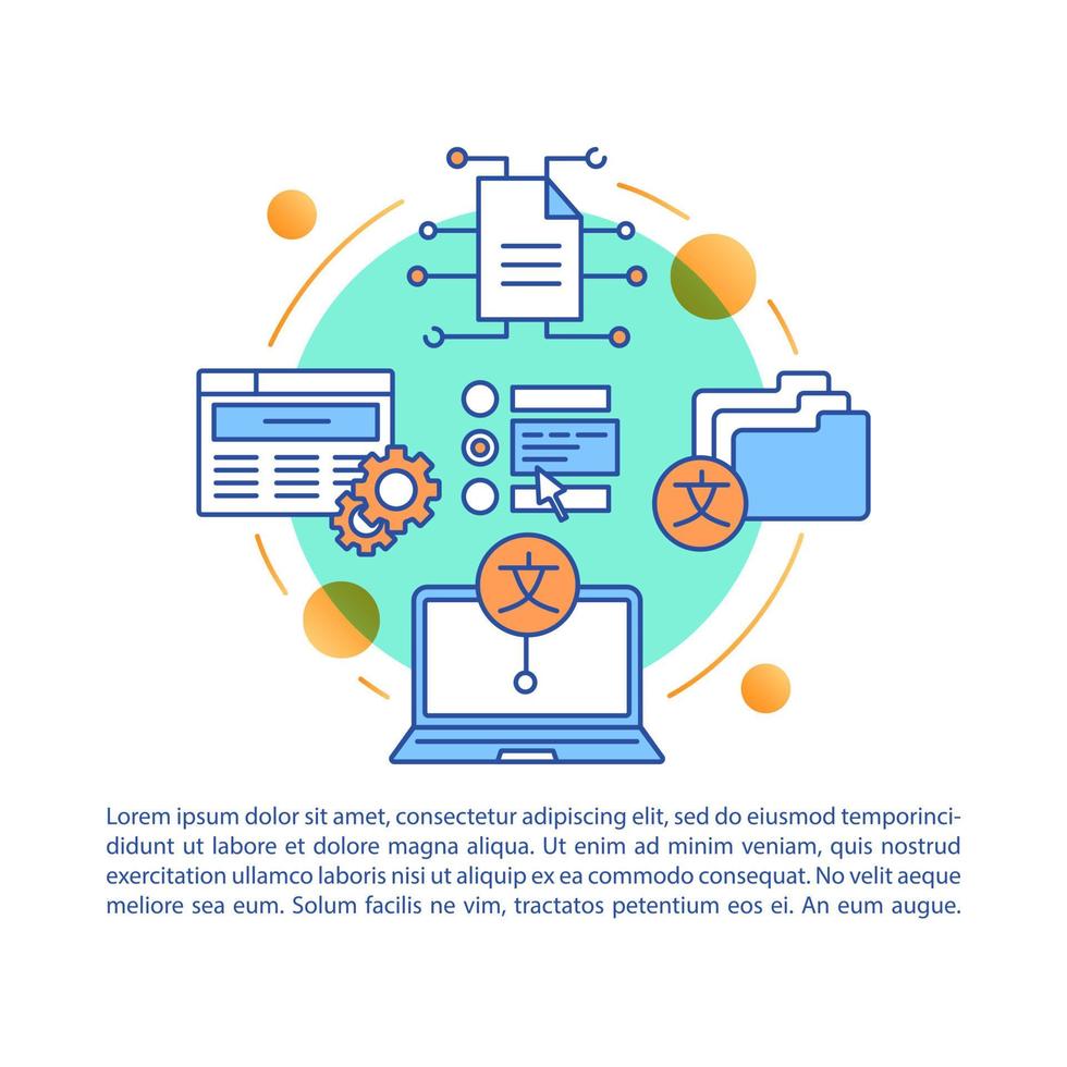 Foreign text translating software article page vector template. Brochure, magazine, booklet design element with linear icons and text boxes. Print design. Concept illustrations with text space