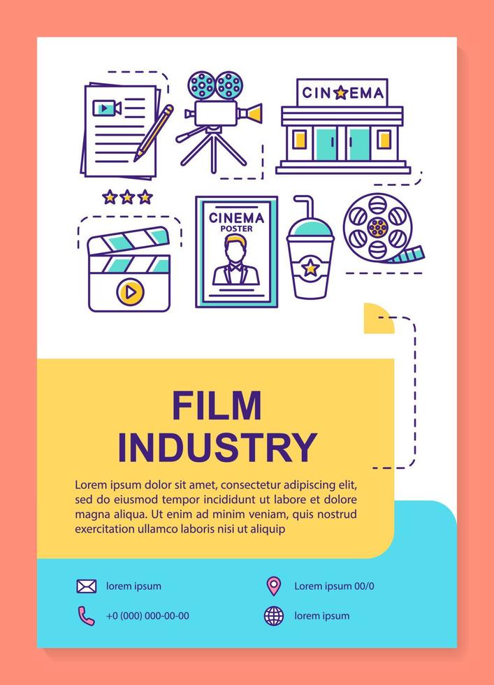 Film industry poster template layout. Cinematography, video production. Banner, booklet, leaflet print design with linear icons. Vector brochure page layouts for magazines, advertising flyers
