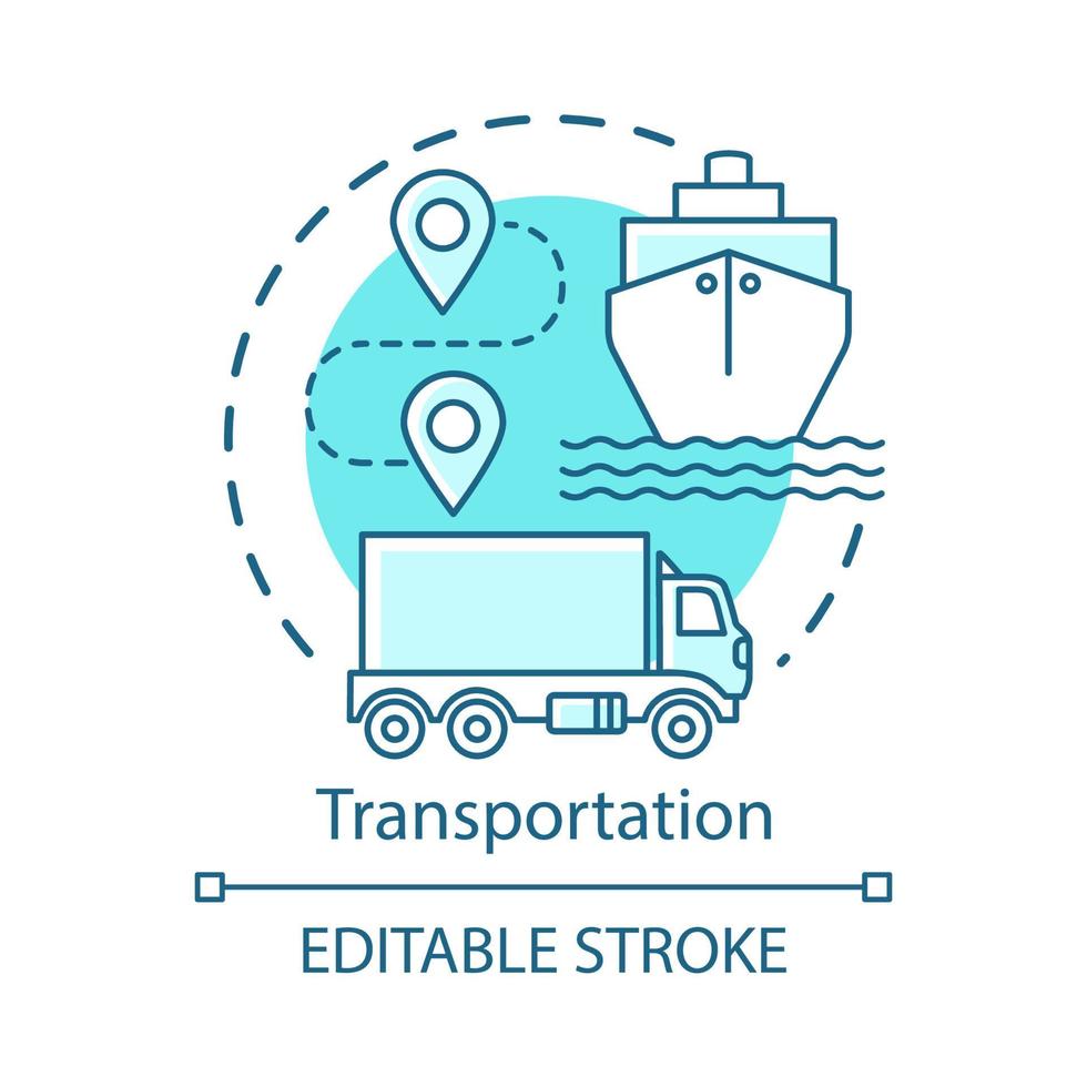 Transportation concept icon. Shipping by sea and by land. Route, ship, truck. Logistics and distribution. Cargo delivery idea thin line illustration. Vector isolated outline drawing. Editable stroke