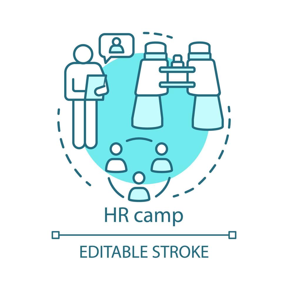 Human resources camp concept icon. Summer corporate club, community idea thin line illustration. Company, business employee bootcamp. Vector isolated outline drawing. Editable stroke