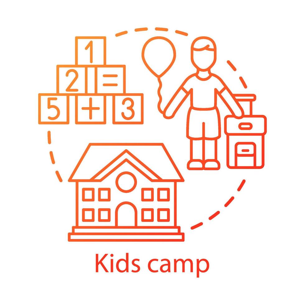 icono de concepto de campamento de niños. club de niños de verano, ilustración de línea fina de idea comunitaria. complejo de vacaciones para niños. instalación educativa después de la escuela. dibujo de contorno aislado vectorial. trazo editable vector