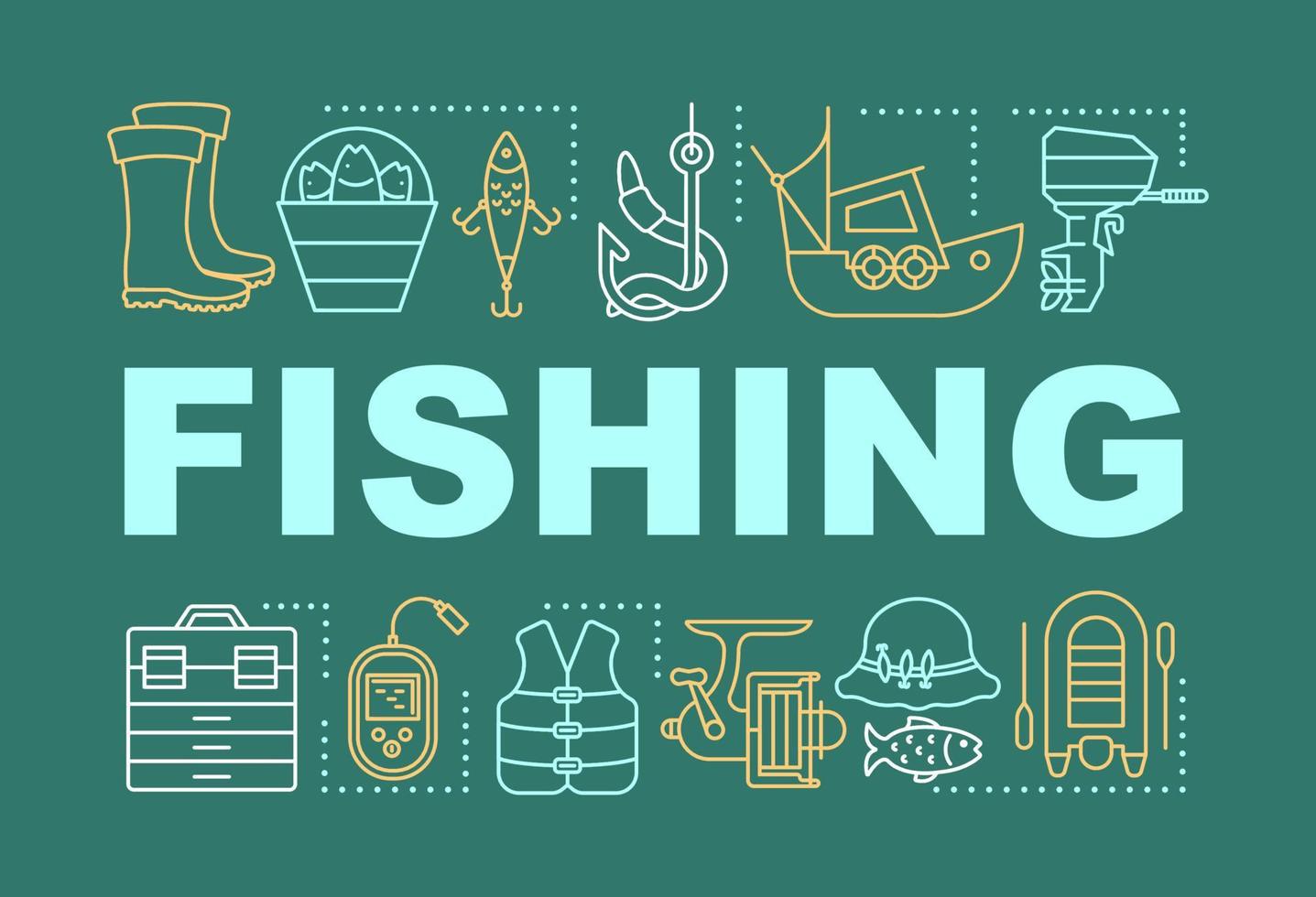 Fishing word concepts banner. Presentation, website. Fish catching professional equipment. Fisherman work. Isolated lettering typography idea with linear icons. Vector outline illustration