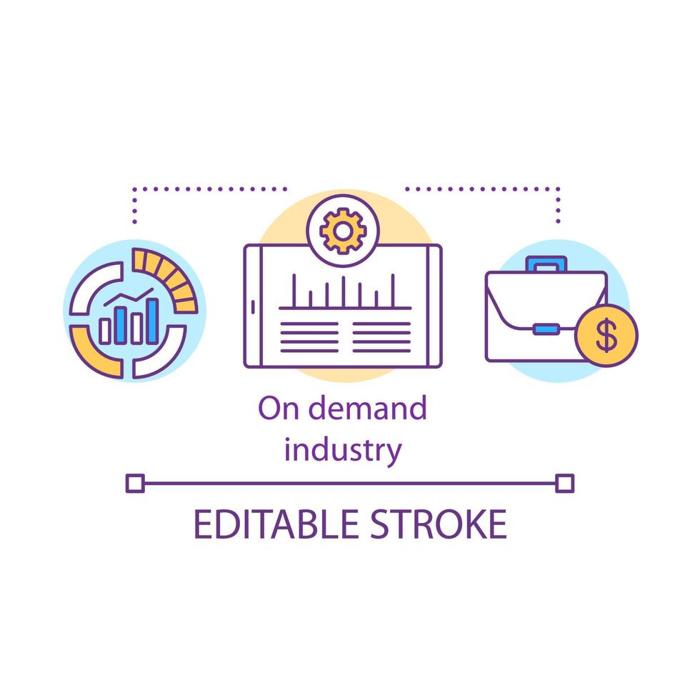 On demand industry concept icon. Modern economic model idea thin line illustration. Services and products provision. Market statistics and briefcase vector isolated outline drawing. Editable stroke