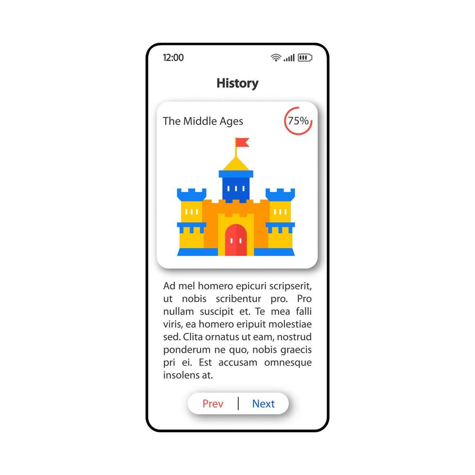 History for pupils smartphone interface vector template. Mobile app page white design layout. Middle Ages chapter screen. Flat UI for application. Educational materials phone display