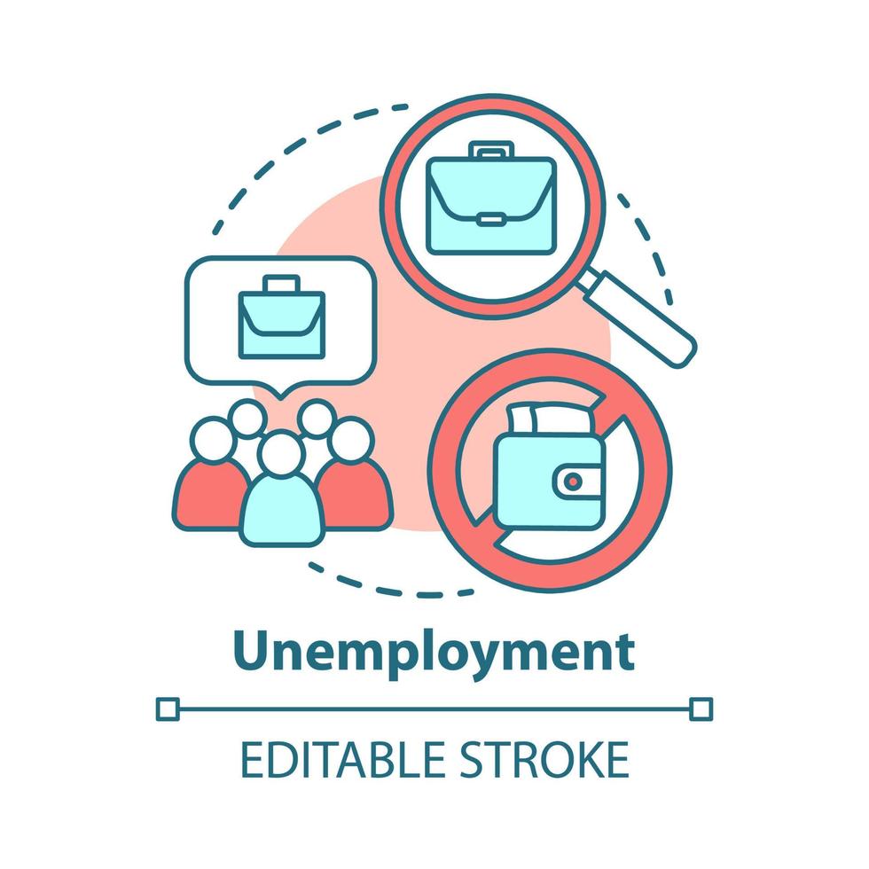 Unemployment concept icon. Poverty idea thin line illustration. Joblessness. Jobless and unemployed people. Economy social problem. Workers rights. Vector isolated outline drawing. Editable stroke