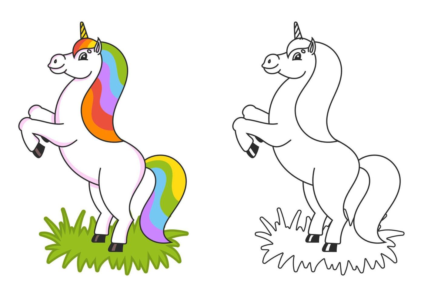 libro para colorear para niños. el unicornio mágico se encabritó. el animal caballo se para sobre sus patas traseras. estilo de dibujos animados. Ilustración de vector plano simple.