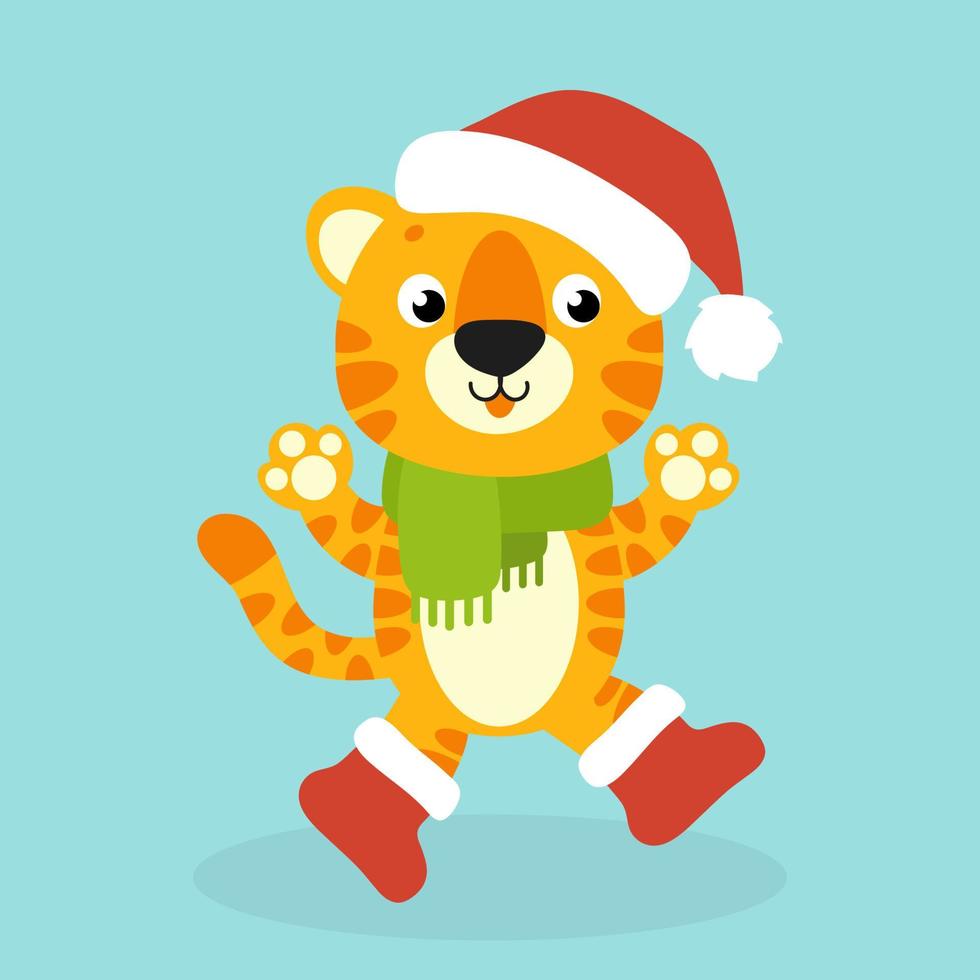 Tiger simbol in a santa hat. Cartoon character. Colorful vector illustration. Isolated on color background. Design element. Template for your design, books, stickers, cards.