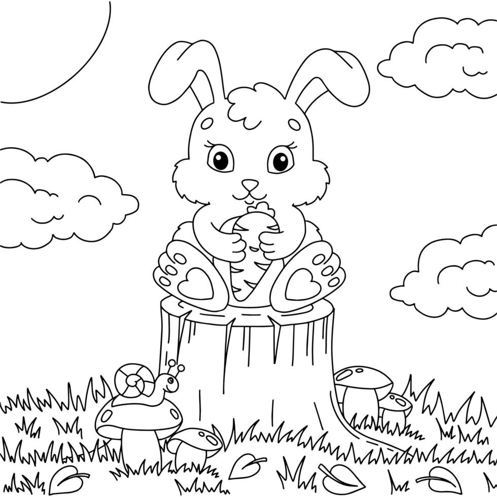 A cute rabbit holds a carrot in its paws. Coloring book page for kids. Cartoon style. Vector illustration isolated on white background.