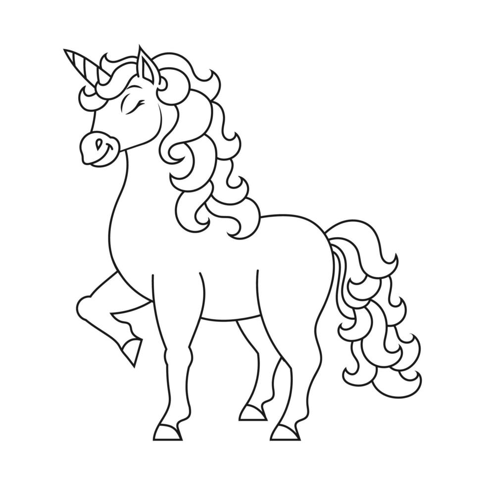 lindo unicornio. caballo de hadas mágico. página de libro para colorear para niños. estilo de dibujos animados. ilustración vectorial aislado sobre fondo blanco. vector